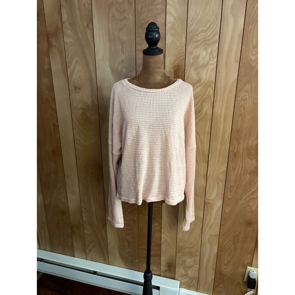 Cupshe Women XL Pink Waffle Knit Sweater Long Sleeve Crew Neck Casual Top NWT